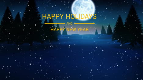 Animation-of-happy-holidays-text-over-christmas-winter-scenery