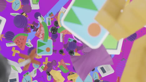 Animation-Verschiedener-3D-Mediensymbole,-Die-über-Abstrakte-Formen-Auf-Violettem-Hintergrund-Vorrücken