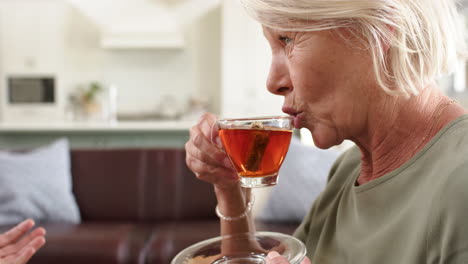 Fröhliche,-Vielfältige-Seniorinnen-Trinken-Tee-Und-Diskutieren-Auf-Dem-Sofa-Im-Sonnigen-Wohnzimmer,-Zeitlupe