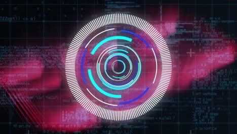 Animation-of-circular-scanner-and-data-processing-over-pink-lights-on-dark-background