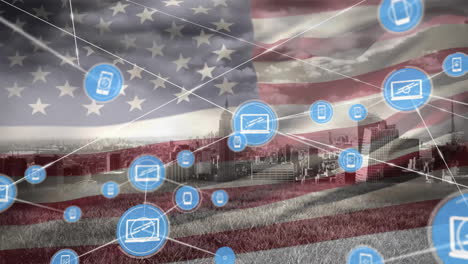 Animation-Eines-Netzwerks-Von-Mediensymbolen-über-Der-Amerikanischen-Flagge-Und-Dem-Stadtbild
