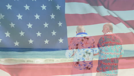 Animation-Der-Flagge-Der-USA-über-Kaukasischen-älteren-Männern-Am-Strand-Im-Sommer