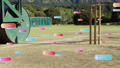 Animation-of-social-media-notifications-over-roller-and-stumps-on-cricket-pitch
