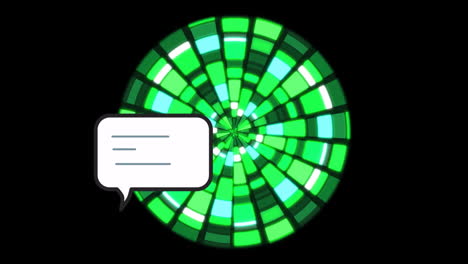 Animation-of-message-box-and-illuminated-squares-forming-circle-against-black-background