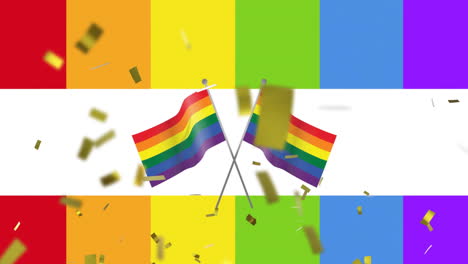 Animation-Von-Regenbogenfahnen-Und-Konfetti,-Die-über-Einen-Regenbogenhintergrund-Fallen