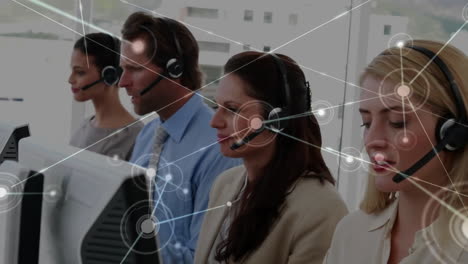 Animation-of-connected-icons,-diverse-call-center-agents-talking-with-customers-wearing-headsets