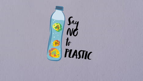 Animation-of-say-no-to-plastic-text-on-plastic-bottle-on-water-droplets-on-grey-background