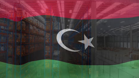 Animación-De-La-Bandera-De-Libia-Sobre-Un-Gran-Almacén-De-Almacenamiento-De-Mercancías.