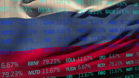 Animation-of-financial-data-processing-over-flag-of-russia