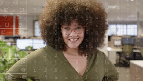 Animation-of-statistics-and-data-processing-over-biracial-woman-in-office