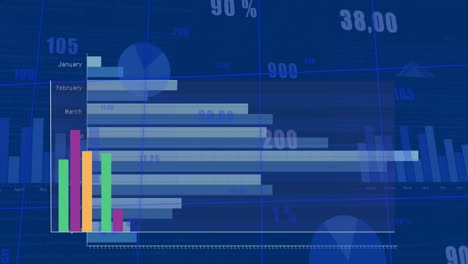 Animation-Eines-Bunten-Graphen-über-Diagrammen-Und-Datenverarbeitung-Auf-Blauem-Hintergrund
