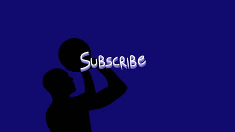 Animation-Des-Abonnementtextes,-Schatten-Eines-Basketballspielers,-Der-Auf-Den-Korb-Wirft,-Auf-Blauem-Hintergrund