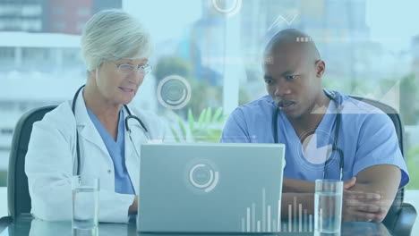 Animation-of-data-processing-over-diverse-doctors-with-laptop