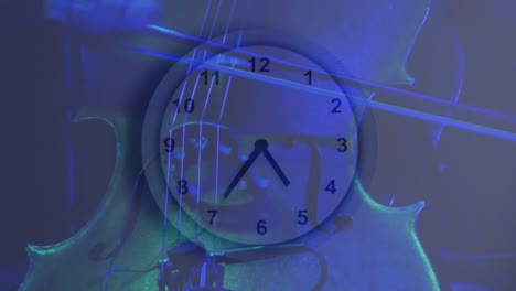 Animation-of-alarm-clock-moving-fast-over-woman-playing-violin