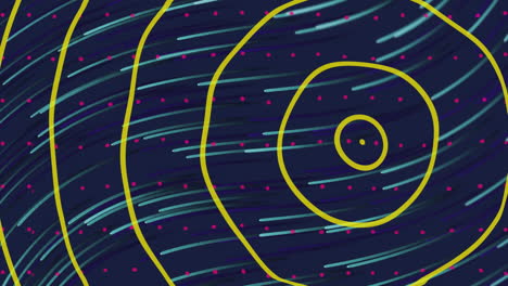 Animation-Von-Gelben-Kreisen-über-Sich-Bewegenden-Kurvigen-Blauen-Lichtern-Und-Rosa-Punkten-Auf-Blauem-Hintergrund