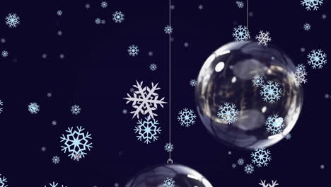 Animation-of-falling-snowflakes-over-christmas-tree-ornament-on-dark-blue-background