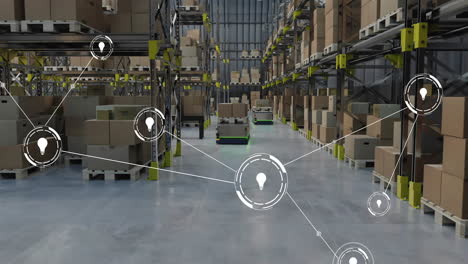 Animation-of-network-of-connections-with-icons-over-robots-working-in-warehouse