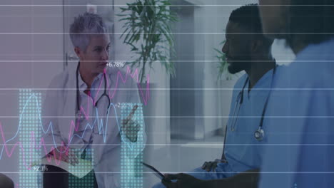 Animation-of-multiple-graphs-with-changing-numbers,-diverse-doctors-discussing-in-hospital