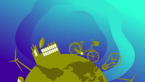 Animation-Des-Globus-Mit-Ökologie-Symbolen-Auf-Blauem-Hintergrund