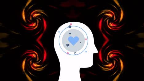 Animation-Von-Herzen-Mit-Kreisen-Im-Menschlichen-Kopf-über-Dynamischen-Spiralmustern