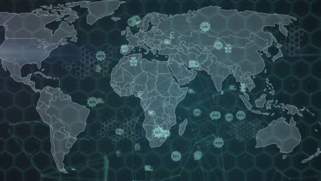 Animation-of-icons-over-world-map-on-black-background