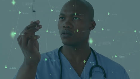 Animation-of-data-processing-and-arrows-over-african-american-male-doctor-with-syringe