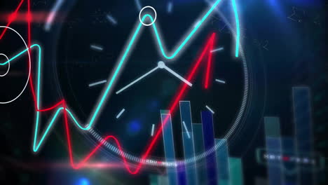 Animation-Einer-Uhr-über-Der-Verarbeitung-Finanzieller-Daten-Und-Einer-Weltkarte-Auf-Schwarzem-Hintergrund