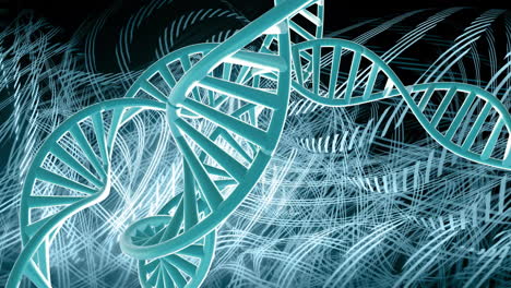 Animation-of-dna-strands-spinning-with-glowing-light-trails-over-dark-background