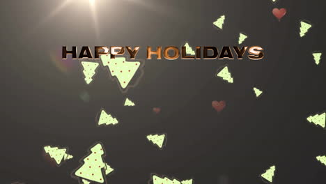 Animation-of-happy-holidays-text-and-christmas-trees-falling-over-dark-background