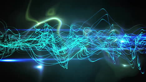 Animation-of-glowing-blue-network-wave-over-lights-on-dark-background