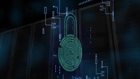 Animation-of-padlock-with-biometric-fingerprint-and-data-processing-over-black-background