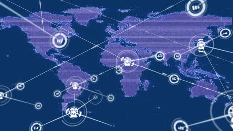 Animation-of-network-of-connections-with-icons-over-world-map-with-interference-on-blue-background