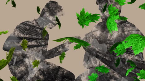 Animation-Von-Grünen-Blättern,-Die-über-Zwei-Kaukasische-Männer-Fallen,-Die-Auf-Beigem-Hintergrund-Gitarre-Spielen