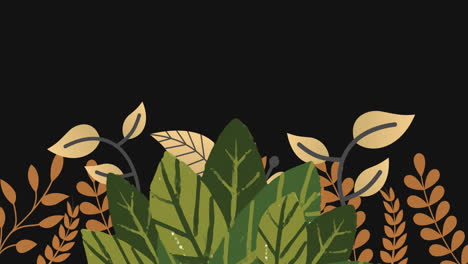 Animation-Von-Grünen-Und-Gelben-Blättern-Und-Pflanzen,-Die-Sich-Auf-Schwarzem-Hintergrund-Bewegen