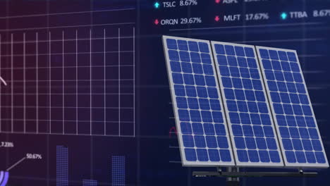 Animation-of-solar-panels-over-charts-and-financial-data-processing-on-black-background