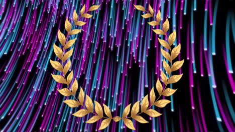 Animation-of-gold-laurel-wreath-over-falling-pink-and-blue-light-trails-on-black-background