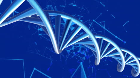 Animation-of-dna-strands-spinning-with-glowing-light-trails-over-blue-background