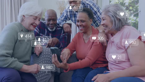 Animation-of-social-media-icons-and-data-over-smiling-senior-diverse-friends-with-smartphone