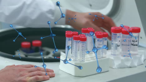 Animation-of-nucleotides-over-caucasian-researcher-placing-liquid-filled-test-tubes-in-centrifuge