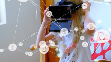 Animation-of-network-of-connections-with-icons-over-caucasian-girl-with-vr-headset