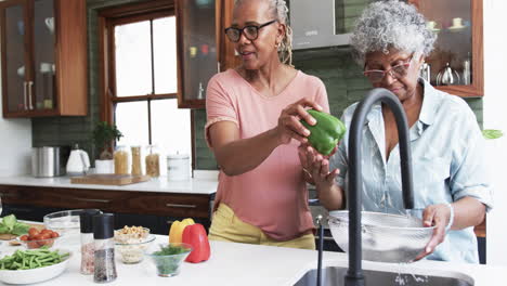 Glückliche-ältere-Afroamerikanische-Freundinnen-Kochen-In-Der-Küche,-Waschen-Gemüse,-Zeitlupe