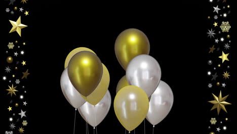 Animation-Von-Goldenen-Und-Silbernen-Luftballons-Mit-Sternen-Auf-Schwarzem-Hintergrund