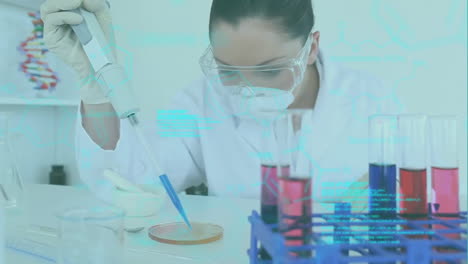 Animation-of-scientific-data-processing-over-caucasian-female-scientist-working-in-laboratory
