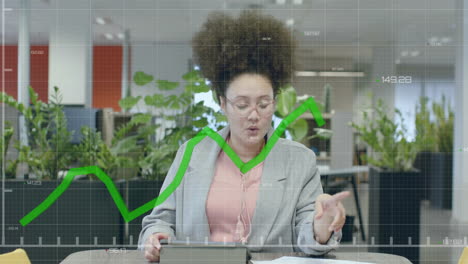 Animation-of-financial-data-processing-over-biracial-businesswoman-in-office