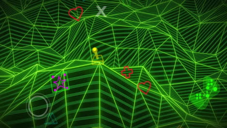 Animation-Von-Bunten-Video-Gamepad-Controllern-Und-Symbolen-über-Einem-Welligen-Grünen-Netzwerk
