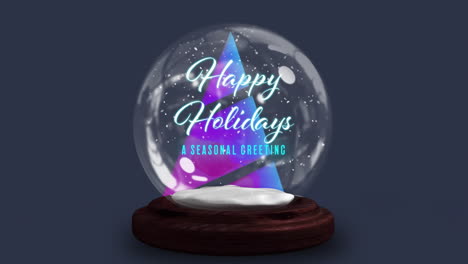 Animation-of-happy-holidays-text-over-snow-globe-and-christmas-tree