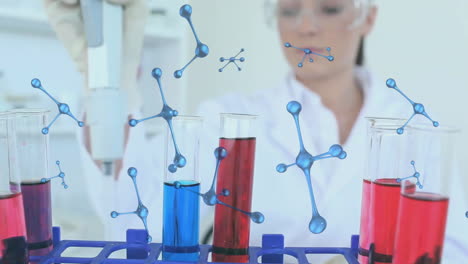 Animation-of-nucleotides-over-caucasian-female-researcher-taking-chemical-samples-from-test-tube