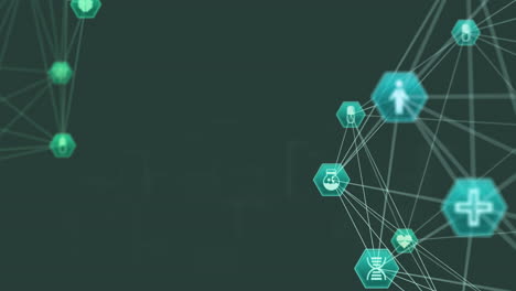 Animation-of-network-of-connections-with-medical-icons-over-green-background