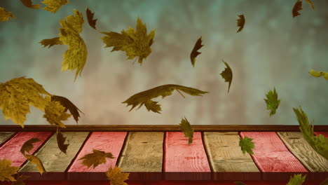 Animation-Von-Blättern,-Die-über-Eine-Holztischplatte-Wehen,-Und-Nebligen-Bäumen