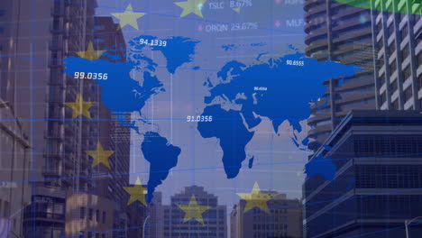 Animación-Del-Procesamiento-De-Datos-Financieros-Con-Mapa-Mundial-Y-Bandera-De-La-UE-Sobre-El-Paisaje-Urbano